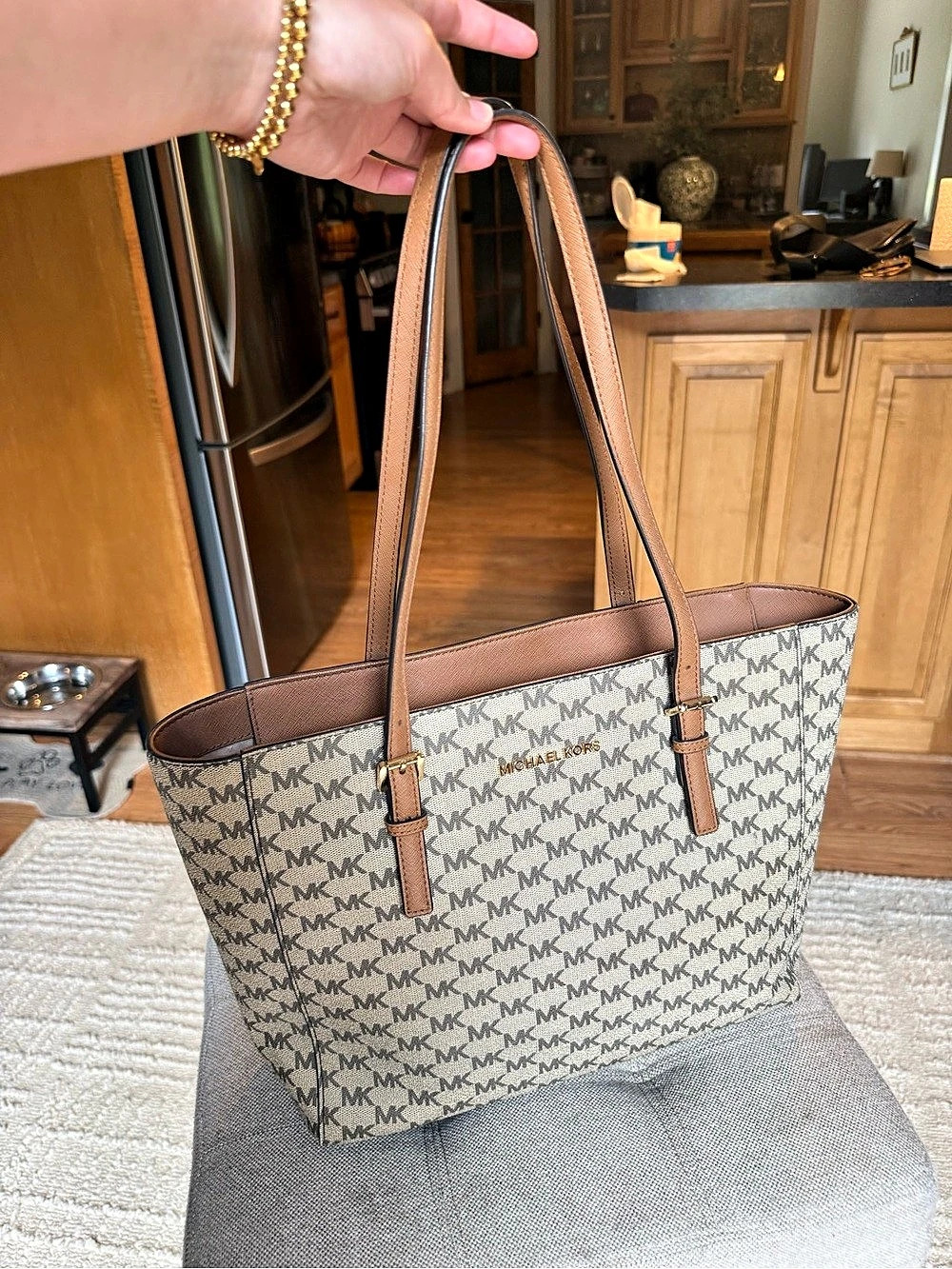 Michael Kors Jet Set Medium Logo Pocket Tote Bag Brown & White